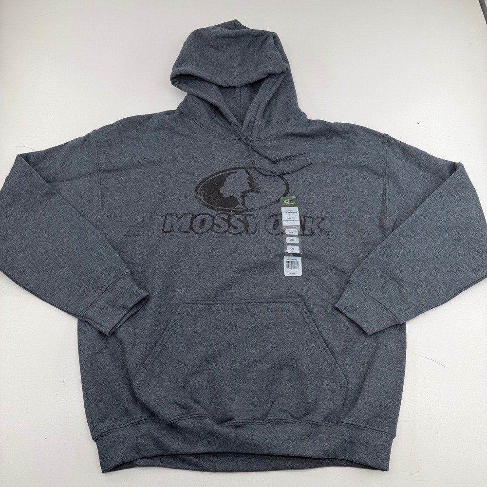 Mossy Oak Mens Hooded Sweatshirt Large Charcoal Grey Graphic Logo Hoodie